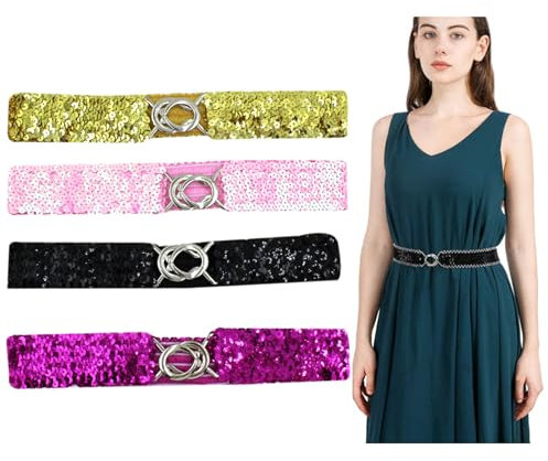 RARITYUS 4 Pack Women Girls Elastic Waist Belt Sparkly Glitter Sequin Decor Metal Buckles Wide Dress Skirts Corset Cinch Belt, Gold+rose+black+pink, One Size