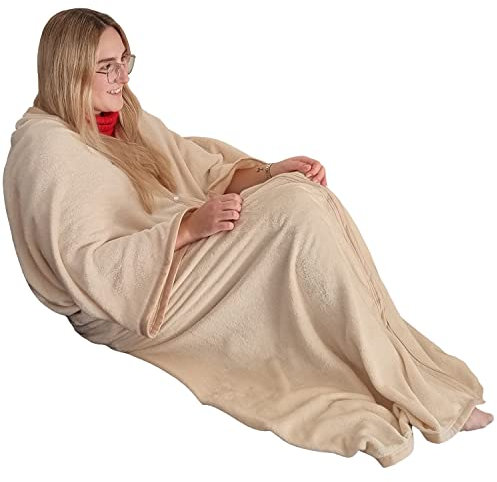 DILUMA Kuscheldecke mit Ärmeln 150x170 cm Uni Beige - Ärmeldecke mit Reißverschluss für Erwachsene & Kinder - TV Decke mit Ärmeln - ÖkoTex100, Kuschelweich, Wärmend, Atmungsaktiv