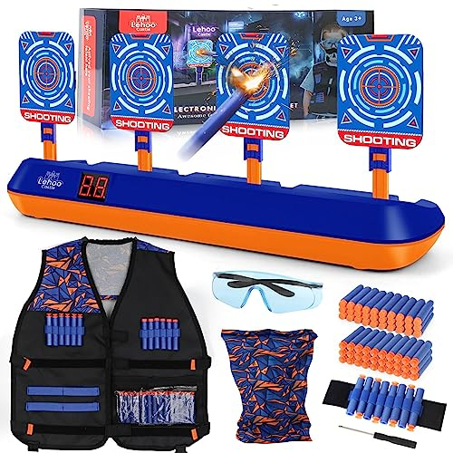 Lehoo Castle Nerf Zielscheibe, Nerf Zielscheibe Elektrisch mit Taktische Weste, 4 Ziele Auto-Reset Zielscheibe für nerf mit Licht, Sounds und Foam Darts Pfeile, Geschenk für Jungen (Blau)
