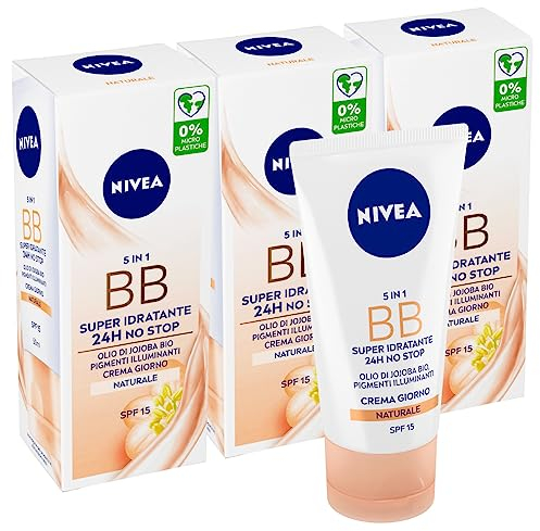 Nivea Essential BB Cream Tagescreme, 24 Stunden, No Stop LSF 15, feuchtigkeitsspendend, mit Bio-Jojoba-Öl und Mineralien, 3 Flaschen à 50 ml
