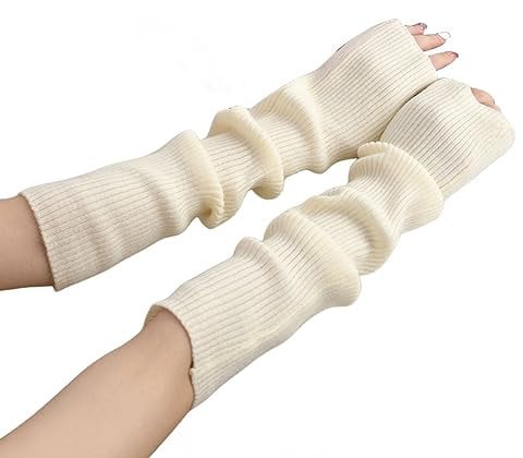 Suxgumoe Damen Winter Armstulpen, Damen Winter Stricken Handschuhe mit Armstulpen, Lange Fingerlose Pulswärmer Damen Handwärmer Stulpen (weiß)