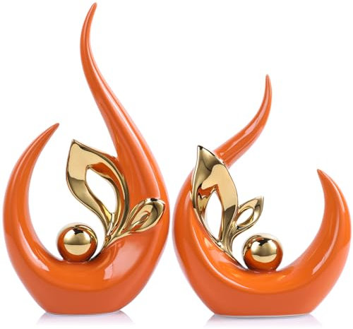 Abstrakte Skulpturen aus Keramik, 23,9 cm, Orange / Gold, Heimdekoration, coole Sachen zum Aufstellen auf Regalen und TV-Ständer, Gold-Akzente, Unterhaltungszentrum, für Kamin, Couchtisch, Esstisch