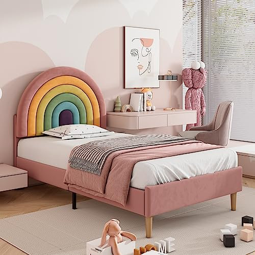 Kinderbett Polsterbett 90x200, Bettgestell mit verstellbares Regenbogen-Kopfteil und Lattenrost, Einzelbett Rückenlehne Bett Jugendbett Gästebett Bettrahmen für Erwachsene Jugendliche, Samt, Rosa