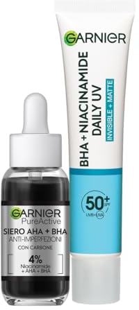 Garnier Kit Pure Active con Siero AHA + BHA Anti-Imperfezioni, e Fluido Quotidiano Anti-UV Anti-Imperfezioni con Niacinamide, con SPF 50+, Pelle Perfetta e Protetta dal sole, 30 ml + 40 ml