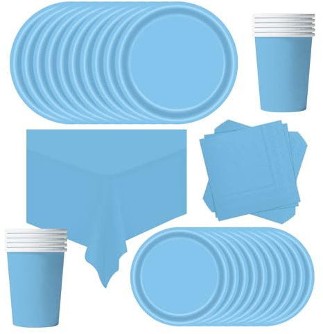 POPOYU Juego de 69 piezas de vajilla de papel para fiesta, color azul bebé, platos de papel para fiesta, mantel, tazas y servilletas, juego de vajilla para niños, cumpleaños, Pascua, baby shower, día