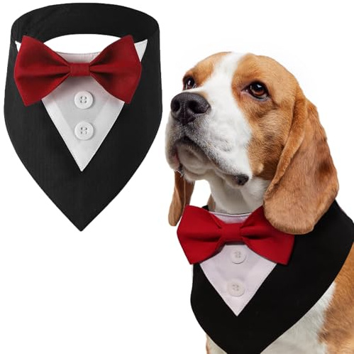 LiebeDD Halstuch Hund mit Fliege, Haustier Hundehalstuch Dreieckstuch Halstücher Hunde Smoking Bandana, Verstellbar Kopftücher Formale Hund Hochzeit Outfit für Geburtstag Party, Schwarz Rot Fliege, XS