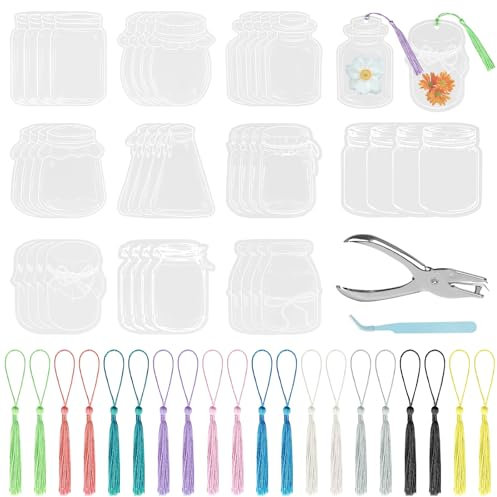 WATUNID 62 Stück Transparente Lesezeichen Getrocknete Blumen, DIY Hausgemachte Trockenblumen Lesezeichen Kinder mit 20 Bunten Quasten, Pinzette Lochstanze, Glasflasche Wunschflasche Aufkleber