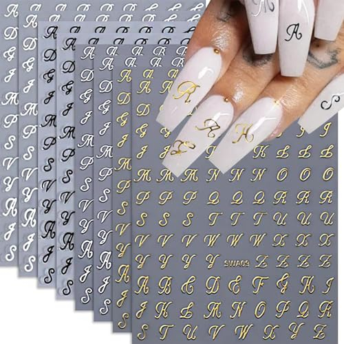 Hebterrka 8 Blätter Buchstaben-Nagelsticker Alte Englische Buchstaben Nageldekorationen, 3D Selbstklebende Gold, Silber, Schwarz, Weiß Retro Englische Muster