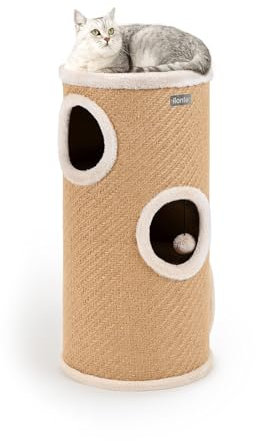lionto Tonneau griffoir en Jute avec Balle de Jeu & Bord en Peluche, Hauteur 70 cm, Arbre à Chat Stable pour Petits & Grands Chats, Parfait pour Griffes & Jeu, cachettes Multiples, Ø 36 cm, Beige