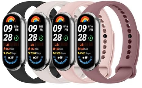 Mugust 4Pack Correas para Xiaomi Mi Band 9/10/8 Mujer Hombre,Silicona Coloridos Recambio Suave Pulseras de Repuesto para Xiaomi Mi Smart Band 8/9/10(Negro/Rosa/Starlight/Púrpura)