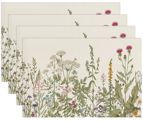 Antike Kräuter Wilde Blumen Platzsets 4er Set Retro Blumen Tischsets abwaschbar Platzsets 30x45cm Dekor für Küche, Restaurant, Bauernhaus, Urlaub, Party