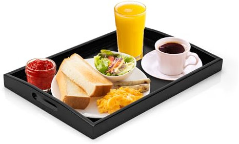 Rectangular Black Wooden Tray with Handle, Large Black Wood Serving Tray, 40x28x4 cm Food Trays with Handles for Butler Breakfast Dinner Kitchen Restaurant Bar