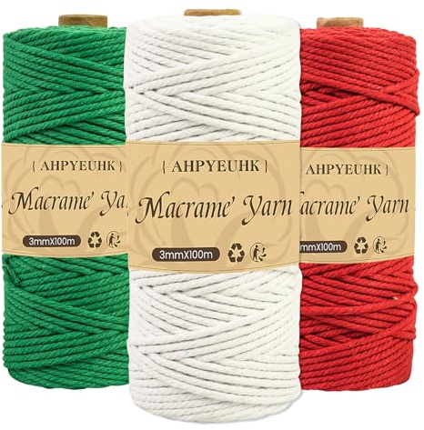 Fil De Macramé 3mm Corde Macramé 3 Rouleaux Cordons pour Macramé Naturel De,Ficelle en Coton pour Suspension Murale,Suspension Plantes,Noël Tricot Travaux Manuels (Rouge foncé Blanc Vert foncé)