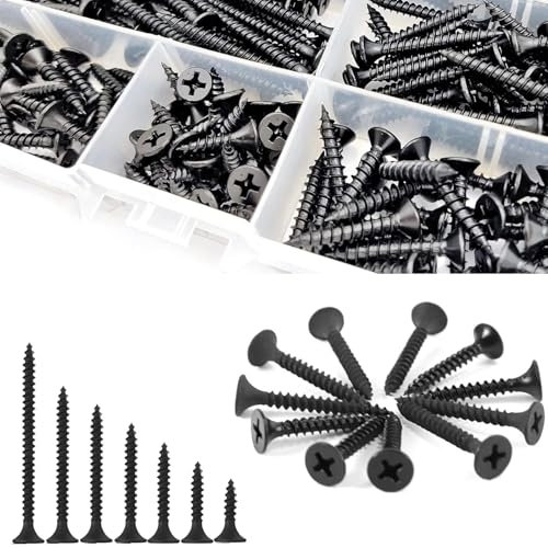 220 Vis Autoperforantes Noires Tête Plate - Vis à Bois & Placo (16-50mm) - Visserie Professionnelle pour Cloisons Sèches, Meubles, Métal - Boîte de Polyvalente Bricolage/Chantier/DIY