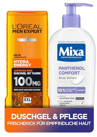 Duschgel- & Pflegeset:L'Oréal Men Expert XXL Duschgel und Shampoo & Mixa Panthenol Body Lotion, Spendet Feuchtigkeit, beruhigt & belebt, Frische-Kick für empfindliche Haut