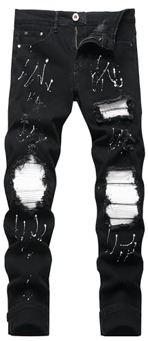 OIIIO Men's Patch Ripped Stretch Regular Fit Jean, 6668 Black, 28