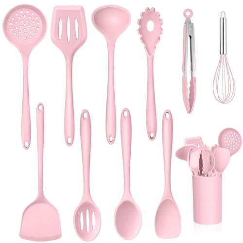 TEAMFAR Juego de utensilios de cocina, 11 unidades, silicona rosa, utensilios de cocina con soporte para utensilios, antiadherente, resistente al calor, juego de utensilios de cocina para cocinar