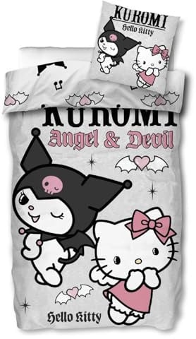SkyBrands Hello Kitty & Kuromi Wende-Bettwäsche-Set 'Angel & Devil' Bettbezug 135x200 Kissenbezug 80x80 Baumwolle Bettzeug
