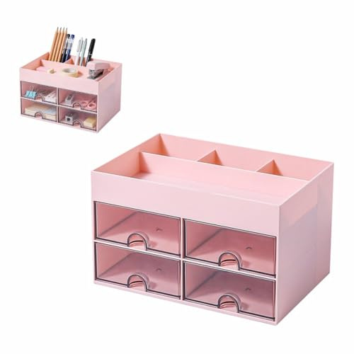 LOMUG Stiftehalter Schreibtisch Organizer, Schreibtischorganizer Kinder mit 4 Schubladen, 8 Fächer Plastik Büro Organizer, Multifunktionaler Stifthalter Aufbewahrungsbox für Büro Schule Zuhause (Rosa)