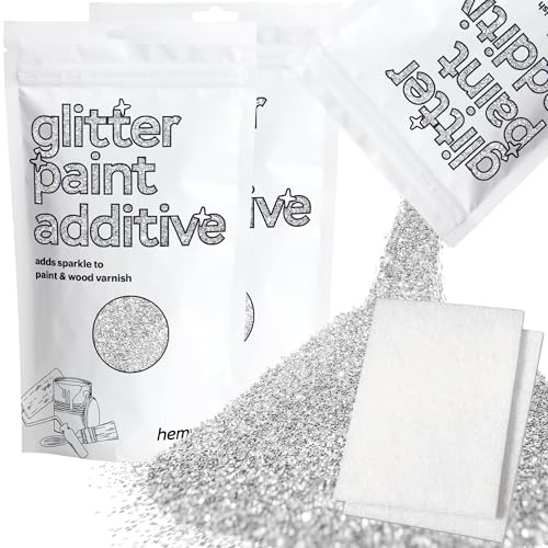 Hemway Silver Glitter Paint Additive 200g with 2X Buffing Pads | for Paints & Varnish | Paint Walls Sparkly Add to Emulsion, Acrylic or Lacquer Indoor
