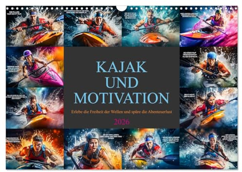Kajak und Motivation (Wandkalender 2026 DIN A3 quer), CALVENDO Monatskalender: Geniale Bilder und ermutigende Zitate, die Sie dazu anregen, Ihre Ziele ... zu überwinden. (CALVENDO Sport)