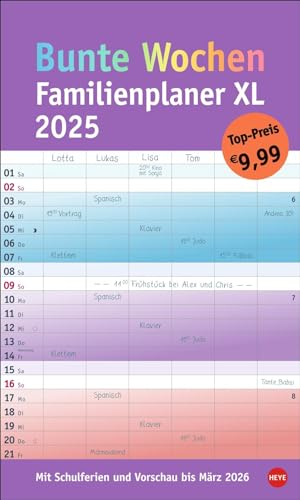 Bunte Wochen Familienplaner XL 2025: Familienkalender mit 6 Spalten. Praktischer Familien-Wandkalender mit Schulferien. Extra breiter Terminkalender. (Bunte Wochen Planer Heye)