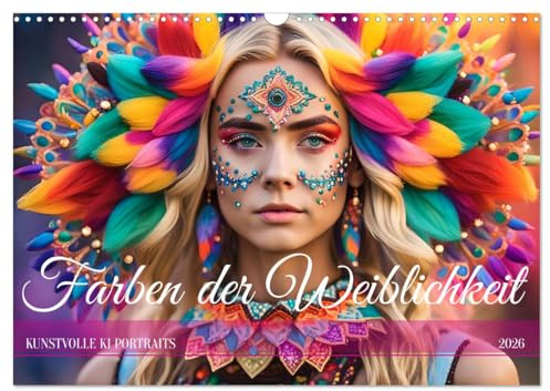 Farben der Weiblichkeit - Kunstvolle KI Portraits (Wandkalender 2026 DIN A3 quer), CALVENDO Monatskalender: Bunt bemalte Gesichter. (CALVENDO Menschen)