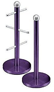 Gems Range Metallic 6 Cup Mug Tree Holder And Kitchen Roll Holder Rack Stand Set (Amethyst)