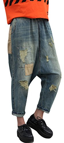 Youlee Frauen Patchwork Haremshose Zerstört Jeans Wide Leg Jeans Blue M