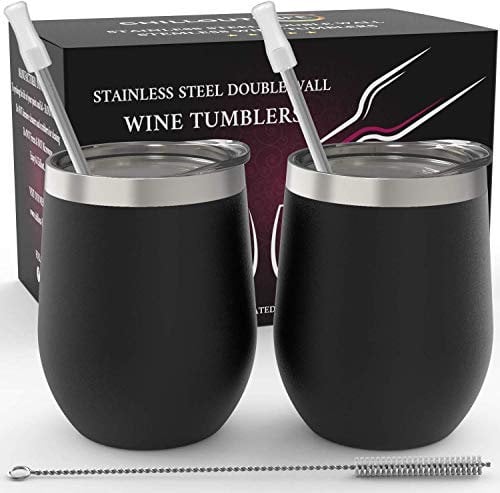 CHILLOUT LIFE Stainless Steel Wine Tumblers 2 Pack 12 oz - Double Wall Vacuum Insulated Wine Cups with Lids and Straws Set for Coffee, Wine, Cocktails (Black)