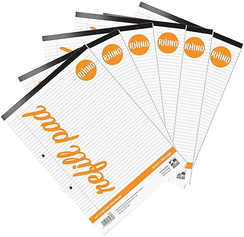 RHINO A4 Refill Pad, Writing Pad, 160 Page / 6mm Lined with Margin, 6 Pack, White Hole Punched Top Binding Writing Paper, Office & School Stationery Supplies