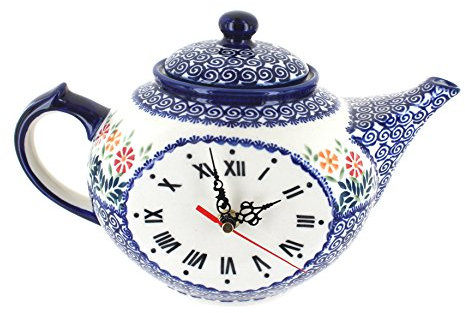 Blue Rose Polish Pottery Garden Bouquet Mantle Teapot Clock