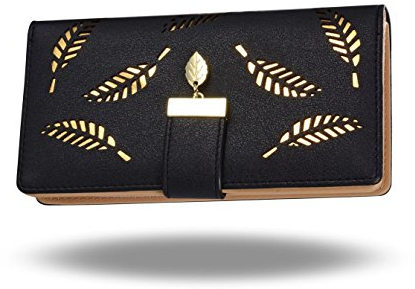 OFKPO Portefeuille pour Femme, Porte-Monnaie à Larges Feuilles en Cuir élégant Fermeture en Boucle à Trois Boucles avec Porte-Cadeau Supplémentaire Porte-étui pour Téléphone - Noir