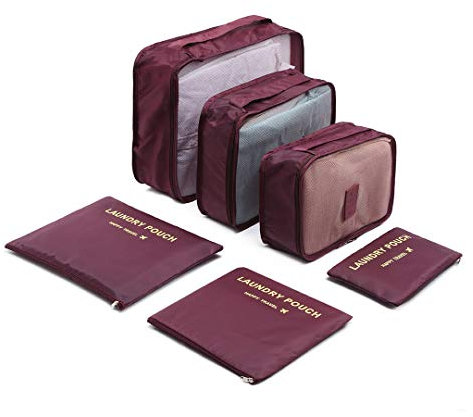 Kono Reisetasche Set 6 Teilig Koffer Organizer Taschen Kleidung Speicherbeutel für Schuhe Unterwäsche Kosmetik (Wein)