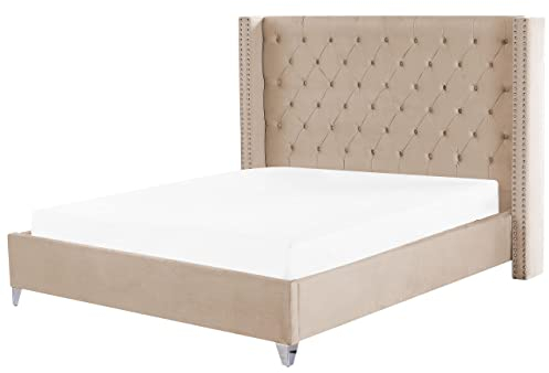 Beliani Bequemes Bett Samtstoff hohes Kopfteil in Beige 180 x 200 cm Lubbon