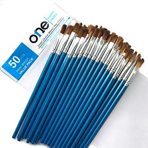 50 Pieces Value Pack of Flat Paint Brush, Synthetic Sable Soft Hair, Small Size, Short Handle, Bulk Brush Set for Acrylic, Oil, Watercolour Painting, Precise Makeup, Dry Brushing, Blending