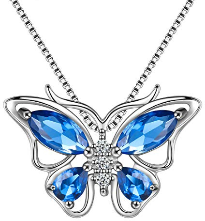 Aurora Tears 925 Sterling Silber Schmetterling Halskette Ohrringe Ringe Birthstone Schmuck Set Anhänger Dating Anhänger Geschenke für Frauen und Mädchen