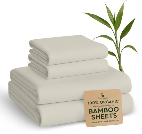 BAMPURE Bettlaken aus 100% Viskose aus Bambus, Queen-Size-Größe, 4-teiliges Set, superweiche Kühllaken, bis zu 40,6 cm Tiefe Tasche, Luxus-Serie, 1 Bettlaken, 1 Spannbetttuch, 2 Kissenbezüge