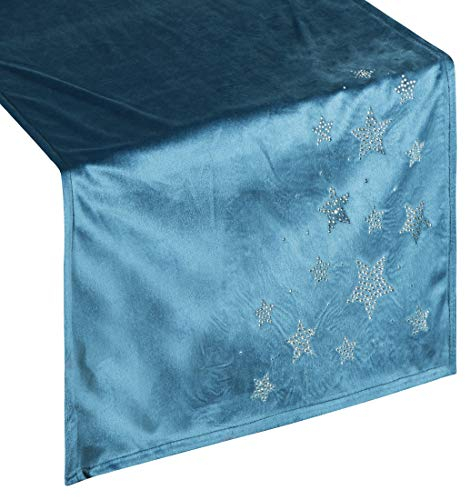 Eurofirany Tischdecke Tischläufer Tischdekoration Tischband Tischtuch Weihnachten Christmas Tischdeko Sterne Samt, Marineblau, 40x140cm