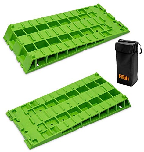 Froli Auffahrkeil für Wohnmobil, Wohnwagen, Reisemobil und Camper, Ausgleichskeile Set, 2x Kompaktkeil, 1x Keil-Tasche, stapelbar, bis 3700 kg (Green-Edition, 95% Biokunststoff)