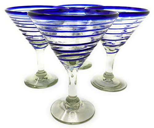 Mexican Hand Blown Glass – Set of 4 Hand Blown Modern Margarita Glasses - Blue Spiral (12 oz)