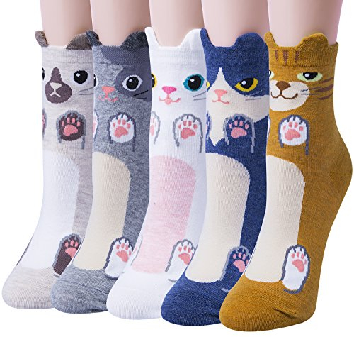 Justay 5 Paar Lustige Socken Original Niedliche Tiere Lässige Baumwolle Druck Für Mädchen und Frauen Einheitsgröße, Blanco azul, One size