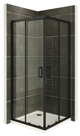 Mampara de Ducha Diana 90x90x180cm, REVERSIBLE, Puertas Correderas, Ajuste 87.5-89.5x87.5-89.5cm, Perfiles Negros, Cristal Templado Transparente 6mm