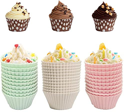 30 Stück Silikon Cupcake Formen, Wiederverwendbare Backformen, Antihaft Hitzebeständig Muffinformen für Kuchen, Eis, Pudding, Gelee (Pink, Grün, Gelb)