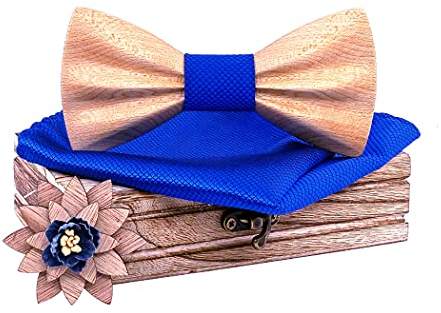 HZQIFEI Jeu de Nœud Papillon, Noeud Papillon en Bois avec Carré de Tissu et Broche en Bois pour Cadeau, Réception, Mariage (C15, 3Pcs)