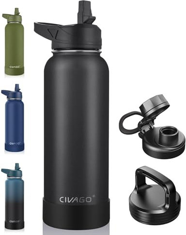 CIVAGO 40 oz Insulated Stainless Steel Water Bottle With Straw and 3 Lids