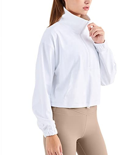 altiland Half Zip Pullover Cropped Jackets for Women Long Sleeve Workout Athletic Running Yoga Shirts (M, White)