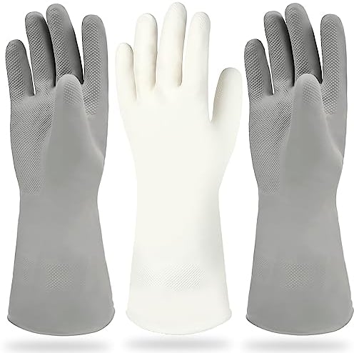 Cleanbear Guantes de limpieza de goma sin látex, reutilizables, ligeros y duraderos, juego de 3 con 2 pares de guantes grises y 1 par de blancos (12 pulgadas)