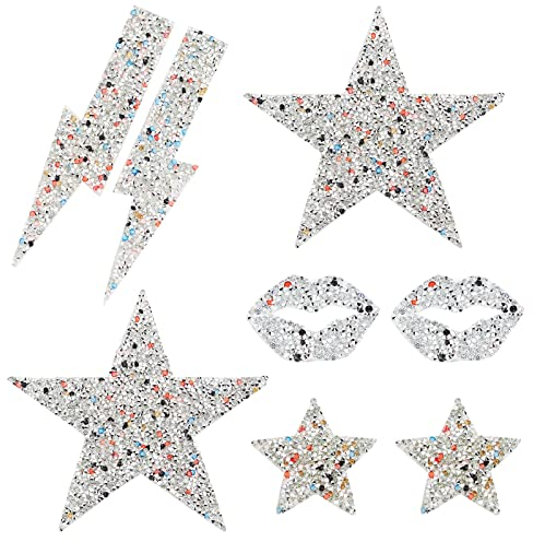 FINGERINSPIRE 8 Stück 5 Stil Strass-Patches zum Aufbügeln/Aufnähen von Kristallen Applikationen glänzende Lippen/Stern/Blitz-förmige Strass-Applikationen dekoratives Zubehör für DIY Craft