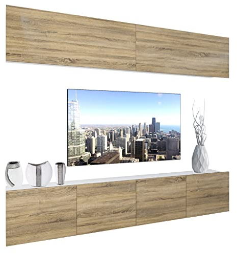 BELINI Wohnwand Vollausstattung Wohnzimmer-Set Moderne Schrankwand mit LED-Beleuchtung Anbauwand TV-Schrank Sonoma Eiche